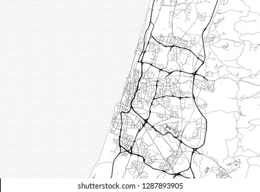 Area map of Tel Aviv, Israel. This artmap of Tel Aviv contains geography lines for land mass, water, major and minor roads.