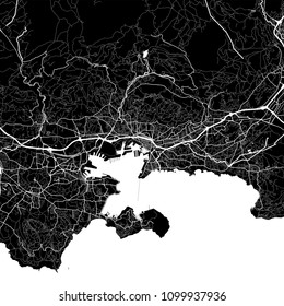 Area map of Toulon, France. Dark background version for infographic and marketing projects. This map of Toulon, Var, contains typical landmarks with streets, waterways and railways.