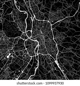 Area map of Toulouse, France. Dark background version for infographic and marketing projects. This map of Toulouse, Haute-Garonne, contains typical landmarks with streets, waterways and railways.