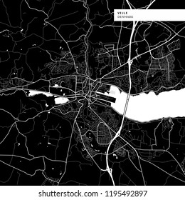 Area map of Vejle, Denmark with typical urban landmarks like buildings, roads, waterways and railways as well as smaller streets and park trails. Removable city label placed on top.