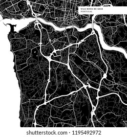 Area map of Vila Nova de Gaia, Portugal with typical urban landmarks like buildings, roads, waterways and railways as well as smaller streets and park trails. Removable city label placed on top.