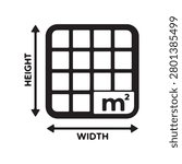 Area measurement icon with square and dimension arrows. Size calculation symbol in linear outline style.
