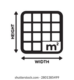 Area measurement icon with square and dimension arrows. Size calculation symbol in linear outline style.
