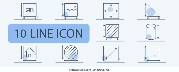 Area measurement line icons set. Square feet, square meters, dimensions arrows, square, triangle, cylinder, house, circle, square diagonal. Real estate, architecture, construction concept