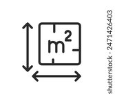 Area measurement, linear style icon. Square with "m2" symbol and dimension arrows. Editable stroke width.