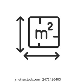 Area measurement, linear style icon. Square with "m2" symbol and dimension arrows. Editable stroke width.