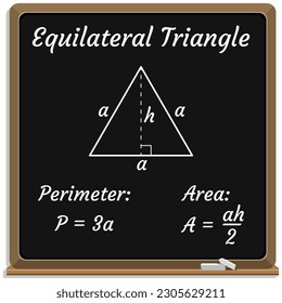 Area and Perimeter Formulas. Perimeter and Area of Equilateral Triangle. Math. Vector illustration.