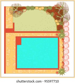 Area for recreation with a swimming pool. The project is a garden with a swimming pool.