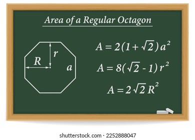Area of a regular octagon. Chalkboard. School. Vector illustration.