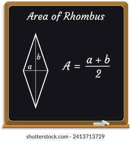 Area of Rhombus on a black chalkboard. Education. Science. Formula. Vector illustration.