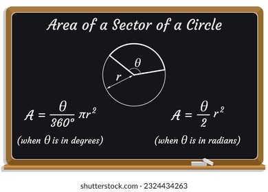 Area of a Sector of a Circle Formula on a black chalkboard. School. Math. Vector illustration. 