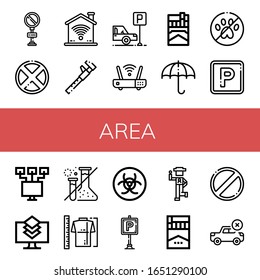 conjunto de iconos simples de área. Contiene iconos como No parking, Prohibido, Wifi, Medida, Estacionamiento, Cigarrillo, Paraguas Sun, No mascotas, Red local, puede ser usado para web, móvil y logotipo