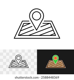 Area or territory line icon. Square region with hatching and geolocation pin pint marker. Ground field site sign. GPS location of place map symbol. Editable stroke.