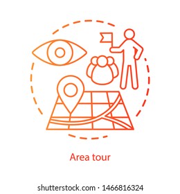 Area tour in city concept icon. Tourism, visiting sights, landmarks idea thin line illustration. Guide leading tourists group, showing attractions. Vector isolated outline drawing. Editable stroke