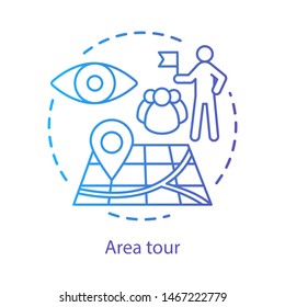 Area tour planning concept icon. Tourism, visiting sights, landmarks idea thin line illustration. Guide leading tourists group, showing attractions. Vector isolated outline drawing. Editable stroke
