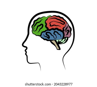 Areas of the brain. Human brain and head in profile. Icon. Vector illustration.