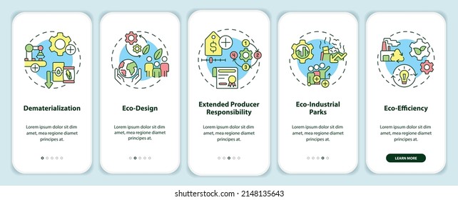 Areas of industrial ecology onboarding mobile app screen. Increasing walkthrough 5 steps graphic instructions pages with linear concepts. UI, UX, GUI template. Myriad Pro-Bold, Regular fonts used