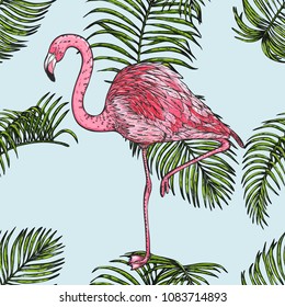 Areca palm and flamingo sketch by hand drawing.Plam leaf and flamingo vector pattern on vintage background.Vector leaves art highly detailed in line art style.Tropical seamless for wallpaper.