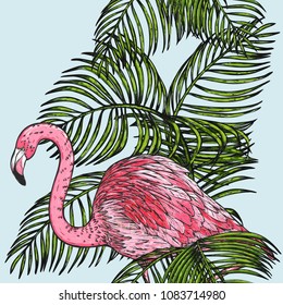Areca palm and flamingo sketch by hand drawing.Plam leaf and flamingo vector pattern on vintage background.Vector leaves art highly detailed in line art style.Tropical seamless for wallpaper.