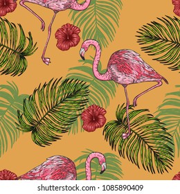 Areca palm and flamingo sketch by hand drawing.Plam leaf and flamingo vector pattern on vintage background.Vector leaves art highly detailed in line art style.Tropical seamless for wallpaper.