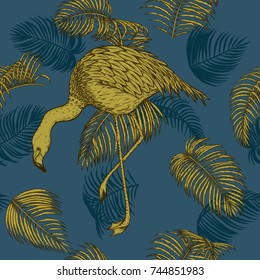 Areca palm and flamingo sketch by hand drawing. Palm leaf and flamingo vector pattern on vintage background.Vector leaves art highly detailed in line art style.Tropical seamless for wallpaper.