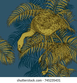 Areca palm and flamingo sketch by hand drawing.Plam leaf and flamingo vector pattern on vintage background.Vector leaves art highly detailed in line art style.Tropical seamless for wallpaper.