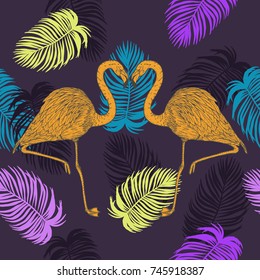 Areca palm and flamingo sketch by hand drawing.Plam leaf and flamingo vector pattern on vintage background.Vector leaves art highly detailed in line art style.Tropical seamless for wallpaper.