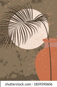 Areca palm leaf in a clay vase. Minimalist wall art. Abstract print for boho esthetic interior. Home decor in mustard and brown colors. Contemporary artistic printable EPS10 vector