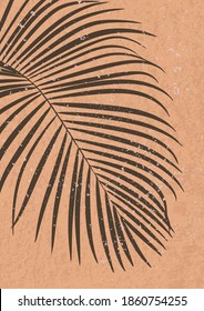 Hoja de palmera de Areca. Muros de arte minimalista. Impresión abstracta para el interior estético boho. Decoración casera en tonos mostaza y marrón. Vector EPS10 de escritura artística contemporánea