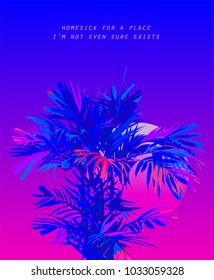 Areca palm leaves on bright neon sunset background in 80's / vaporwave theme