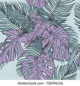 Areca palm and monstera sketch by hand drawing.Plam leaf vector pattern on vintage background.Vector leaves art highly detailed in line art style.Tropical seamless for wallpaper.
