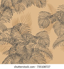 Areca palm  seamless pattern on brown background.Vector leaves art highly detailed in line art style.