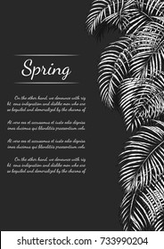 Areca palm sketch by hand drawing.Plam leaf vector card on black background.Vector leaves art highly detailed in line art style.Tropical invitation vintage card.
