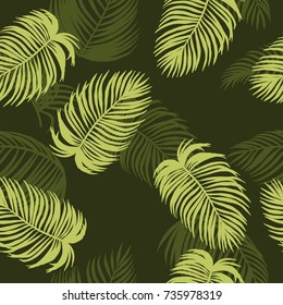 Areca palm sketch by hand drawing.Plam leaf vector pattern on green background.Vector leaves art highly detailed in line art style.Tropical seamless for wallpaper.