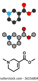 Arecoline areca nut stimulant molecule. Stylized 2D renderings and conventional skeletal formula. 