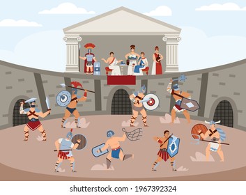 Arena of ancient Roman Colosseum with gladiatorial battles. Ancient roman gladiators showing martial art to emperor and patricians, cartoon flat vector.