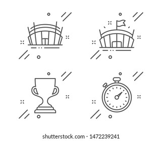 Arena, Award cup and Arena stadium line icons set. Timer sign. Sport stadium, Trophy, Sport complex. Stopwatch gadget. Sports set. Line arena outline icon. Vector