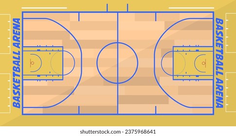 Arena para el partido de baloncesto y la práctica de los jugadores. Campo con zonas y círculos para los miembros del equipo. Deportes y estilo de vida activo para la gente, entrenamiento y participación en partidos. Vector de estilo plano