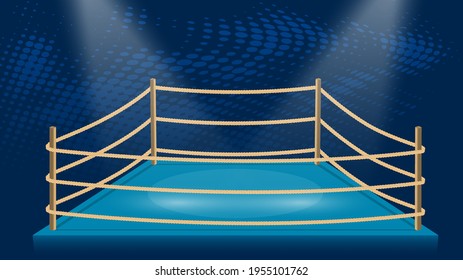 arena for boxing and illegal martial arts matches. Empty sports ring illuminated by beams of spotlights. Vector in cartoon style