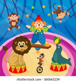 arena in circus with animals and clown - vector illustration, eps
