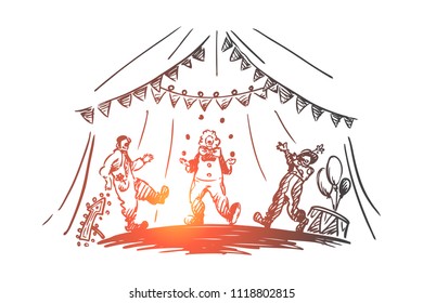 Arena, circus, clown, show concept. Hand drawn clowns do juggle show concept sketch. Isolated vector illustration.