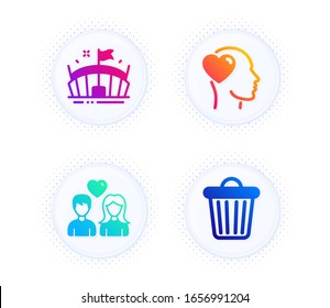 Arena, Couple love and Friend icons simple set. Button with halftone dots. Trash bin sign. Sport stadium, People in love, Garbage. Business set. Gradient flat arena icon. Vector