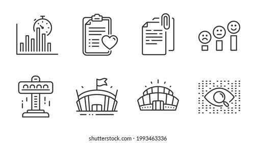 Arena, Customer satisfaction and Artificial intelligence line icons set. Attraction, Report timer and Patient history signs. Arena stadium, Document attachment symbols. Quality line icons. Vector