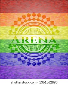 Arena emblem on mosaic background with the colors of the LGBT flag