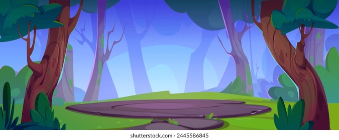 Arena field in forest with tree and grass nature landscape. Summer cartoon podium in outdoor park environment. Adventure game foliage panorama wallpaper with glade for battle. Fantasy scene design