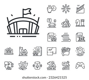Arena con señal de bandera. Plano del suelo, escaleras y iconos del contorno del salón. Icono de la línea del estadio deportivo. Símbolo de complejo deportivo. Cartel de la línea de la Arena. hipoteca de vivienda, ícono de la venta de edificio. Inmobiliaria. Vector