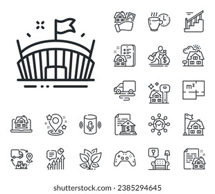 Arena with flag sign. Floor plan, stairs and lounge room outline icons. Sports stadium line icon. Sport complex symbol. Arena line sign. House mortgage, sell building icon. Real estate. Vector