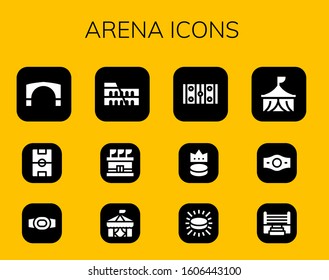 arena icon set. 12 filled arena icons. Included Stari most, Football field, Champion belt, Colosseum, Stadium, Circus, Hockey pitch, Puck, Boxing ring icons