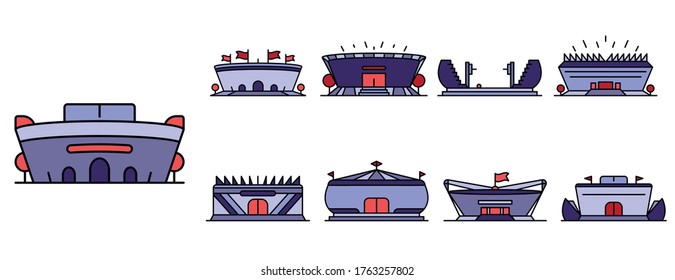 Arena icon set. Outline set of arena vector icons thin line color flat isolated on white