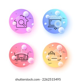 Arena, Inspect and Food delivery minimal line icons. 3d spheres or balls buttons. Best market icons. For web, application, printing. Sport stadium, Search building, Food order. Certified store. Vector